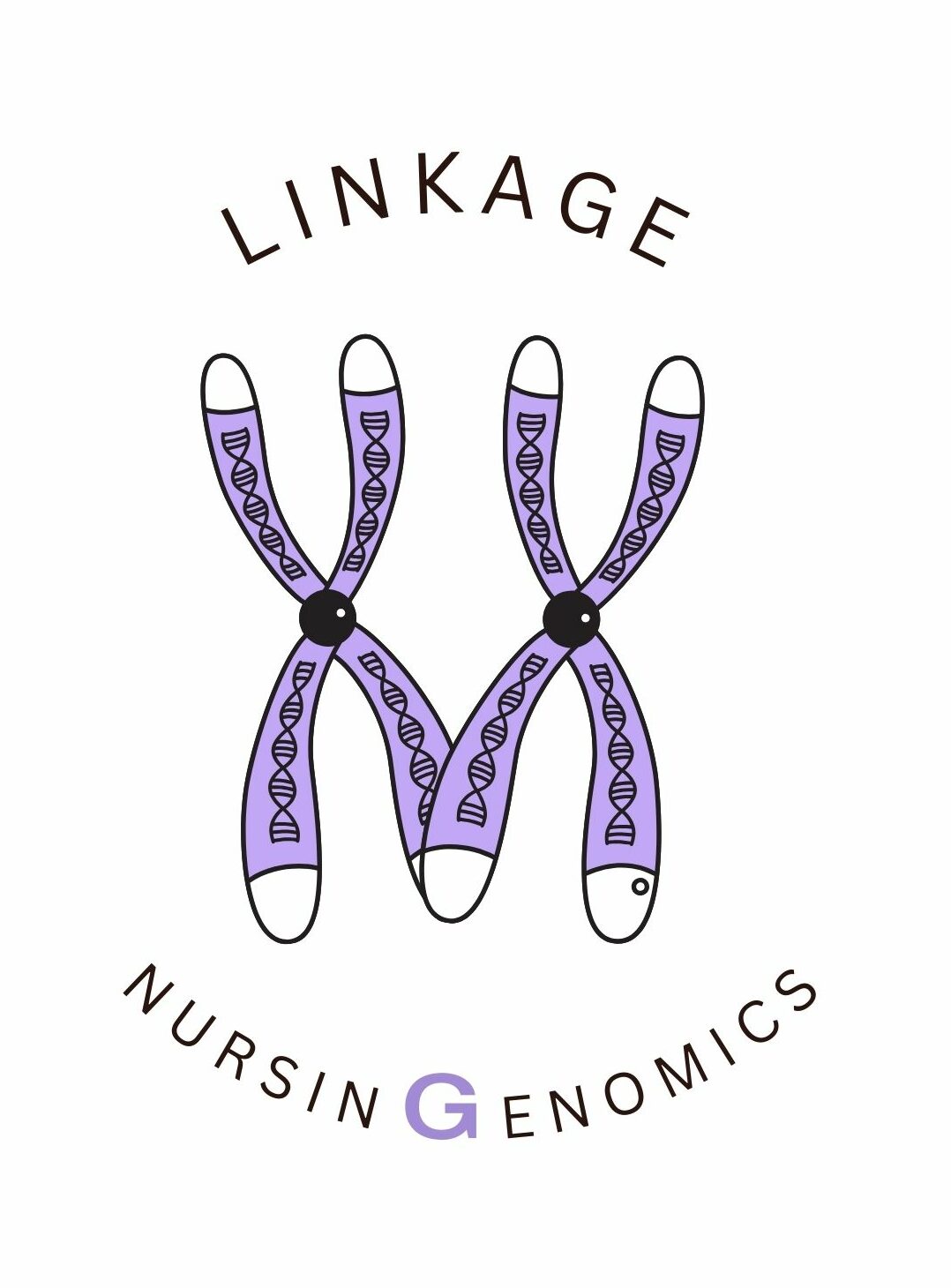 Design of LINKAGE Logo, having LINKAGE at the top and nursing genomics at the button. Also, it has a stylized illustration of chromosomes in the middle.